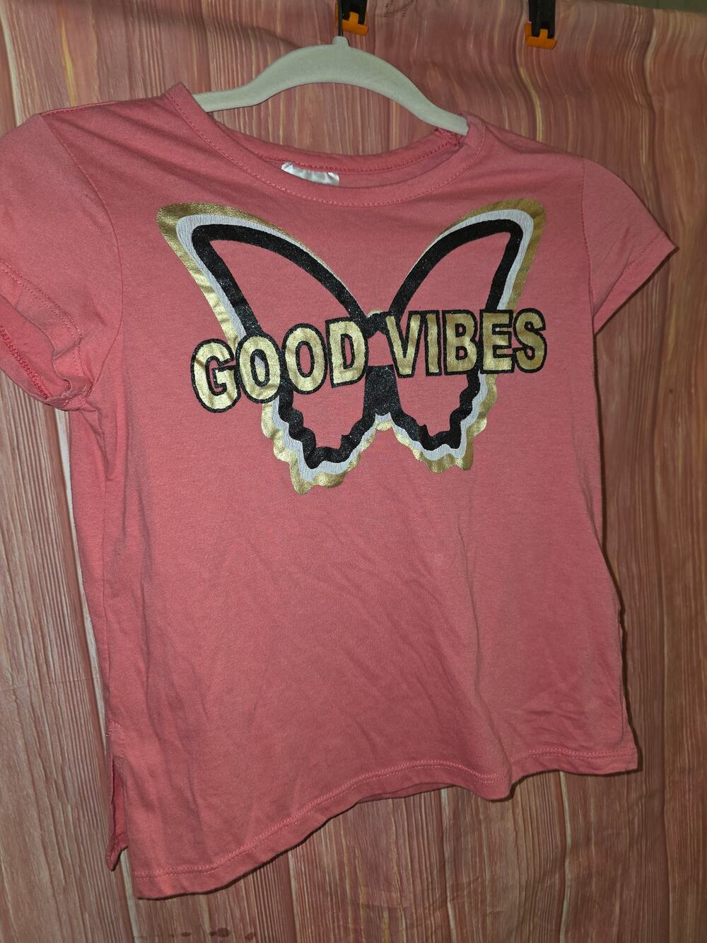 RMLA Girls Pink Graphic Tshirt Size 10/12 Good Vibes Butterfly Glitter Gold Foil